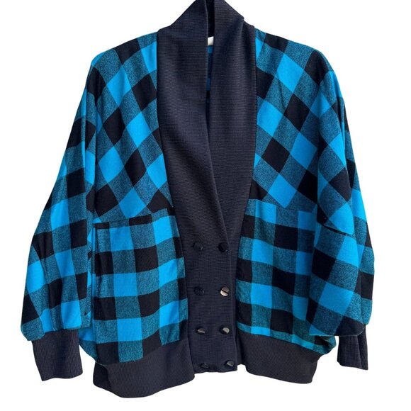 Face To Face Vintage Black Buffalo Plaid Batwing Double Breasted Cardigan Jacket - Picture 1 of 10